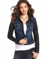 Two-tone washes add a chic spin to this GUESS? jean jacket for a fashion-forward look!
