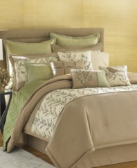 Summer breeze. Transform your room into a calming retreat with the light palette and delicate floral motif of the Summer Fields comforter set. The coordinating coverlet and shams add layers of depth while five distinctive decorative pillows finish this relaxing look.
