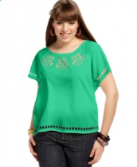 Give your look a stylish edge with American Rag's short sleeve plus size top, featuring a laser cut pattern.