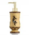 Revered by Native Americans, Kokopelli gives your bathroom an authentically Southwestern vibe. Saddle stitching frames the dancing deity on this dimpled lotion or liquid soap pump. With a goldtone pump.