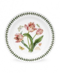 A must-have for discerning china collectors and true nature lovers, this Botanic Garden salad plates by Portmeirion bloom with pink parrot tulips with true-to-life detail. A triple-leaf border puts the finishing touches on a classic design.