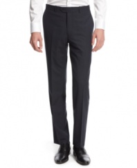 A modern navy plaid pattern steps up the style on these dress pants from Bar III.