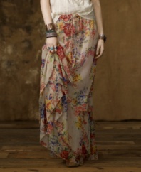 Denim & Supply Ralph Lauren's floral print exudes boho-chic in a crinkled chiffon maxi skirt, designed for a floor-sweeping silhouette that embodies effortless style.