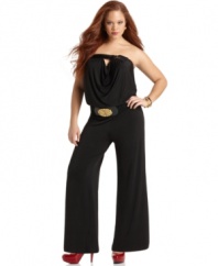 Score sexy 70's style with Baby Phat's strapless plus size jumpsuit, flaunting a rhinestone belt.