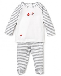 With snappy stripes and embroidered firefighter puppies, this top and footed pant set is four-alarm cute.