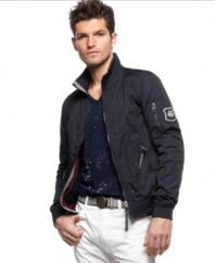 This sporty jacket from Armani Jeans heightens your athletic, seasonal look.