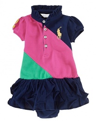 A preppy drop-waist dress in boldly color-blocked stretch cotton mesh is accented with a pretty ruffled skirt.