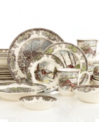 Give your home a taste of old-fashioned American charm. Red barns and backwoods settings are framed by a beautiful black lace-inspired trim throughout this fine Johnson Bros. dinnerware and dishes set.