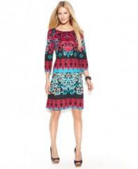 Go on an exotic escapade with INC's printed dress! The chic silhouette and stretch jersey fabric work day or night.