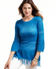 This summery sweater by Joseph A offers tons of texture thanks to mixed stitches and fringe at the hem. Pair it with slim white jeans for an of-the-moment look.