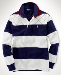 A classic bold stripe accents a long-sleeved rugby for heritage style.