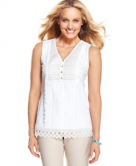 It's all in the breezy details with this Charter Club top. A pleated bib and goldtone buttons are accentuated by lovely lace appliques for a crisp look this summer.
