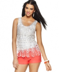 Metallic crochet lends a stylish upgrade to the tank top by Bar III-- pair it with the season's hottest bottoms!