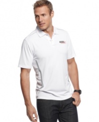 Stay on track. Easily navigate your day in comfort and style in this color-blocked polo shirt featuring wicking and UPF protection from Izod for Indy 500.