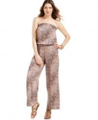 Take a walk on the wild side with Sunny Leigh's animal-print jumpsuit. A softly draped strapless silhouette and flowing wide legs define it as a trendy choice for your next night out.