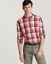 A check pattern of bold graphic squares recalls paint sample cards and adds modern edge to your shirting wardrobe.