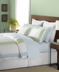 Suite simplicity. Soothing shades come together in Martha Stewart Collection's Thompson Square duvet cover for a polished, serene appeal. Featuring a smart frame design and crisp tailoring in woven cotton sateen.