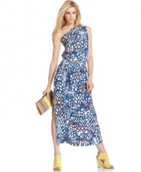 An allover bold print makes a bright statement on this one-shoulder RACHEL Rachel Roy maxi dress -- perfect for a summer soiree!
