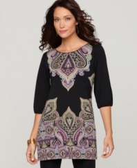 Cha Cha Vente gets exotic with a swirled paisley print. The classic, flattering shape balances out the look!