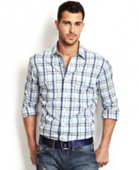 Get your casual looked checked out with this tartan print woven shirt from Nautica.