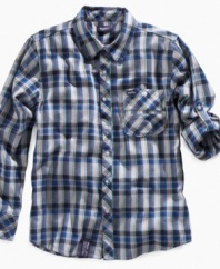 Style out in the field. This plaid shirt from LRG has subtle color accents to give him a modern style.