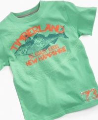 On the hook. Reel in a fun, casual style for him with this graphic t-shirt from Timberland.