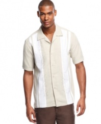 Time to kick back. Keep yourself comfortable but still put-together with this handsome paneled shirt from Cubavera.