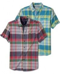 Stroll around in style when you're sporting this rad plaid shirt from Guess.
