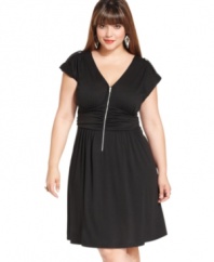 Zip up a hot look with Love Squared's short sleeve plus size dress, accentuated by a ruched empire waist.