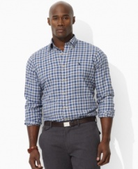 A contemporary plaid pattern accents a rugged long-sleeved sport shirt, cut for a relaxed, classic fit from soft, lightweight cotton broadcloth. (Clearance)