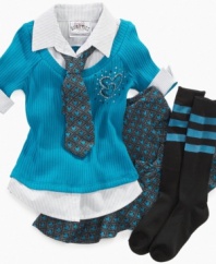 Dress her up for the big day. This layered top with attached necktie gives her sweet style for back-to-school.