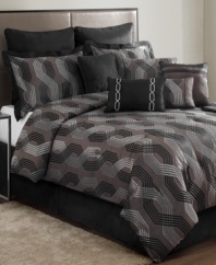 In an ultra-modern fashion, this Marquee comforter set offers a simply brilliant addition to your sleep space, featuring a bold chain link pattern in black and metallic silver hues. Shams and decorative pillows complete the look while the coordinating coverlet offers an extra styling option.