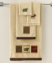 The great outdoors. Taking inspiration from classic lodge motifs, the Eldorado fingertip towel gives your space a rustic atmosphere with applique bears, moose and deer all in a rich, woodsy color scheme.