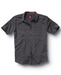 Step up your casual lineup with this sleek striped button-front shirt from Quiksilver.