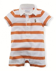 Soft cotton jersey coverall with a sporty rugby collar and bright stripe for an adorably preppy look.