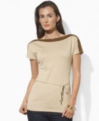 Imbued with rustic elegance, Lauren by Ralph Lauren's soft cotton jersey tunic is styled with supple faux-suede trim and a beaded self-tie belt at the waist