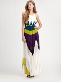 Vibrant, patterned colorblock on pleated crepe, all in stunning floor-length gown.Relaxed fitSpaghetti strapsBraided beltAbout 47 from natural waistPolyesterDry cleanImportedModel shown is 5'11 (180cm) wearing US size Small.