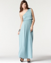 With fluid lines and feminine ruching, this Bar III one-shoulder maxi dress lends itself to a soft grecian-inspired look fit for both day or night!