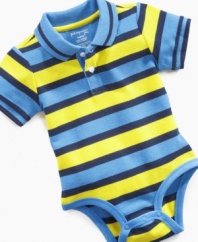 Stripes give him a clean, sporty look with this polo bodysuit from First Impressions.