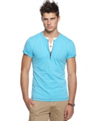 Consider your summer style complete with this combo zip-and-button closure t-shirt from Bar III.