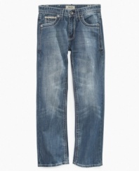 A light wash makes these slim-fit denim jeans from Request a perfect addition to his laid-back style.
