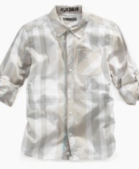 Subtle stripes up his style with this shirt from DKNY.