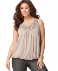 An embellished neckline lends an elegant feel to Alfani's sleeveless plus size top, finished by a bubble hem-- it's perfect for sophisticated play!
