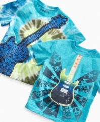 Play that funky music! He'll look like he's ready to strum the strings in his own band in this fun graphic tee shirt from Flapdoodles.