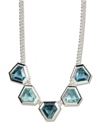 Drape your neck in cool blues. Pretty blue topaz glass accents bring an alluring look to this frontal necklace from Anne Klein. Set in silver tone mixed metal. Approximate length: 17-inches + 2-inch extender. Approximate drop: 3 inches