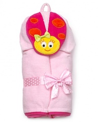 This cute-as-a-bug so-soft hooded terry towel features a smiling ladybug and contrast trim. It comes tied up with a polka dotted bow - an adorable gift for a baby shower!
