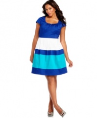Be a stylish standout with Spense's cap sleeve plus size dress, highlighted by an on-trend colorblocked design.