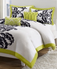 A classic black and white palette is accented with bright pops of lime green in this Mallorie comforter set. Features a bold flourish design for a contemporary look. Two decorative pillows complete the set perfectly.