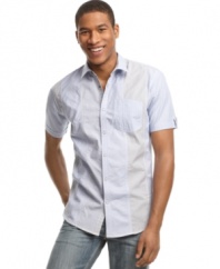 Step up your game with this big stripe shirt from Marc Ecko Cut & Sew.