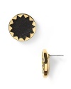 Designed by Nicole Richie, an adorable pair of sunburst button earrings is adorned with black leather and shiny 14 kt. yellow gold plating.